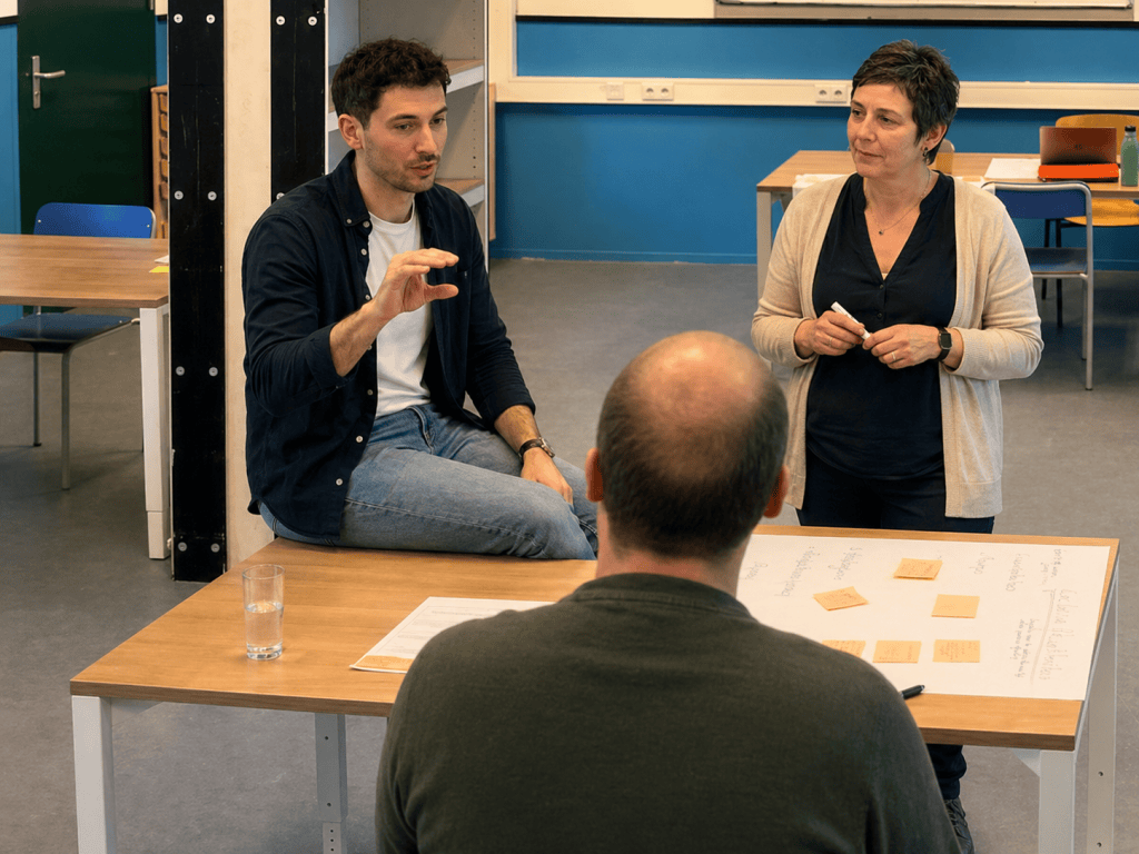 Onderwijsprofessionals bespreken hun ideeën aan tafel tijdens een bijeenkomst