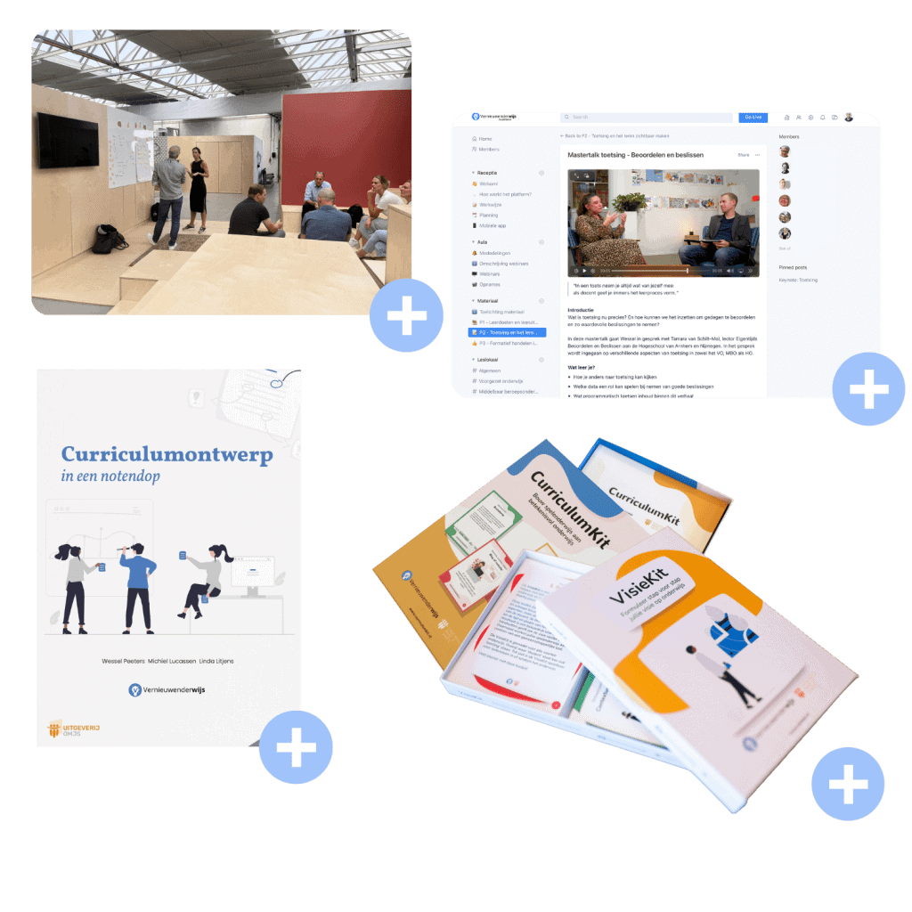 De opleiding combineert gezamenlijke bijeenkomsten, een online leeromgeving, het boek Curriculumontwerp in een notendop en de CurriculumKit of VisieKit