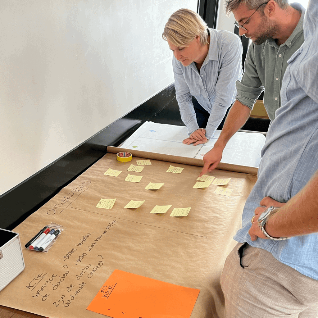 Drie deelnemers werken samen aan een onderwijsontwerp met post-its op een groot vel papier
